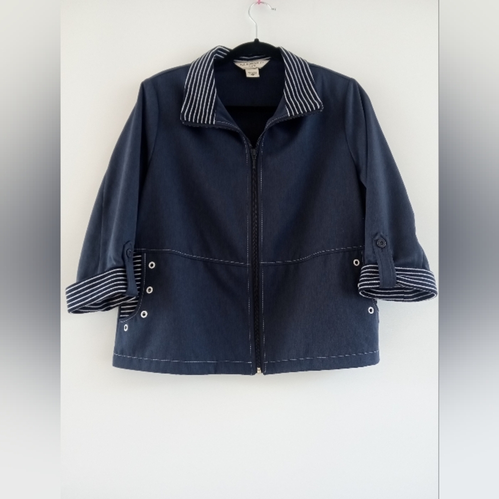 Allison Daley Navy Blue Zip Front Jacket Striped Cuffs Pockets Petite Size 10P